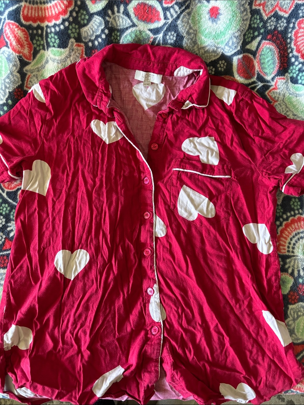 LOFT Red Button-Up Top with White Heart Prints